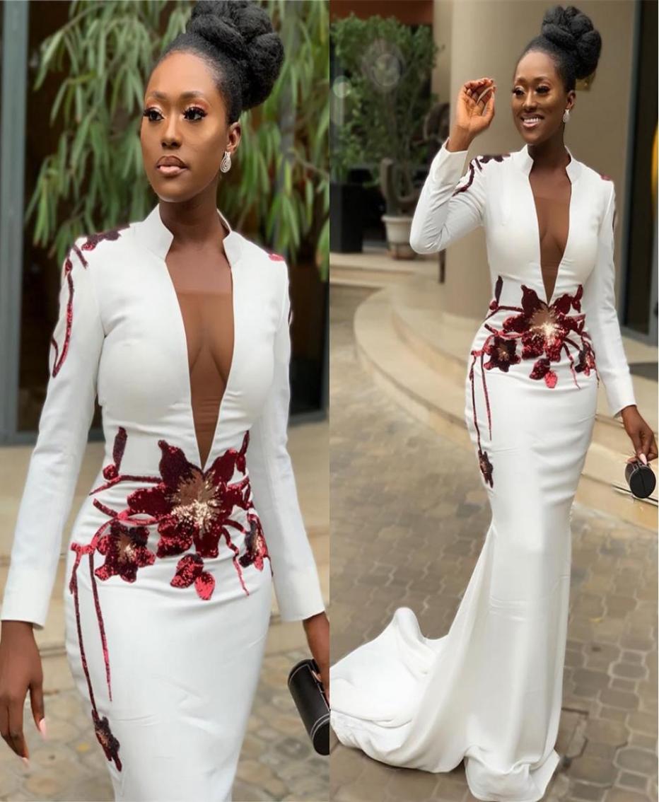 

New White Mermaid Sexy African Evening Dresses High Neck Long Sleeves Appliques Prom Dresses Deep Vneck Formal Party Gown3832727, Burgundy