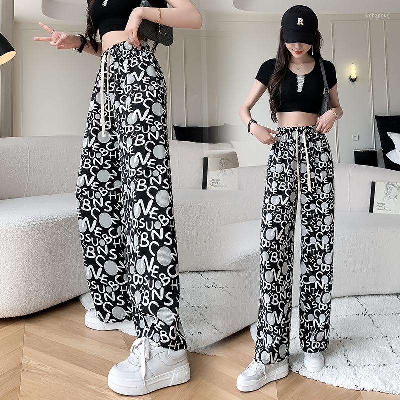 

Women's Pants Summer Ice Silk Streetwear Women Long Letter Print Large Size Loose Straight Trouser Female High Waist Casual Chiffon Pant, Black
