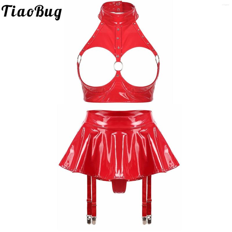 

Bras Sets Women Sexy Lingerie Wetlook Patent Leather Suits Porn Wire-free Open Cup Bra With Ruffle Built-in Thongs Mini Skirt Garter Belts, C red