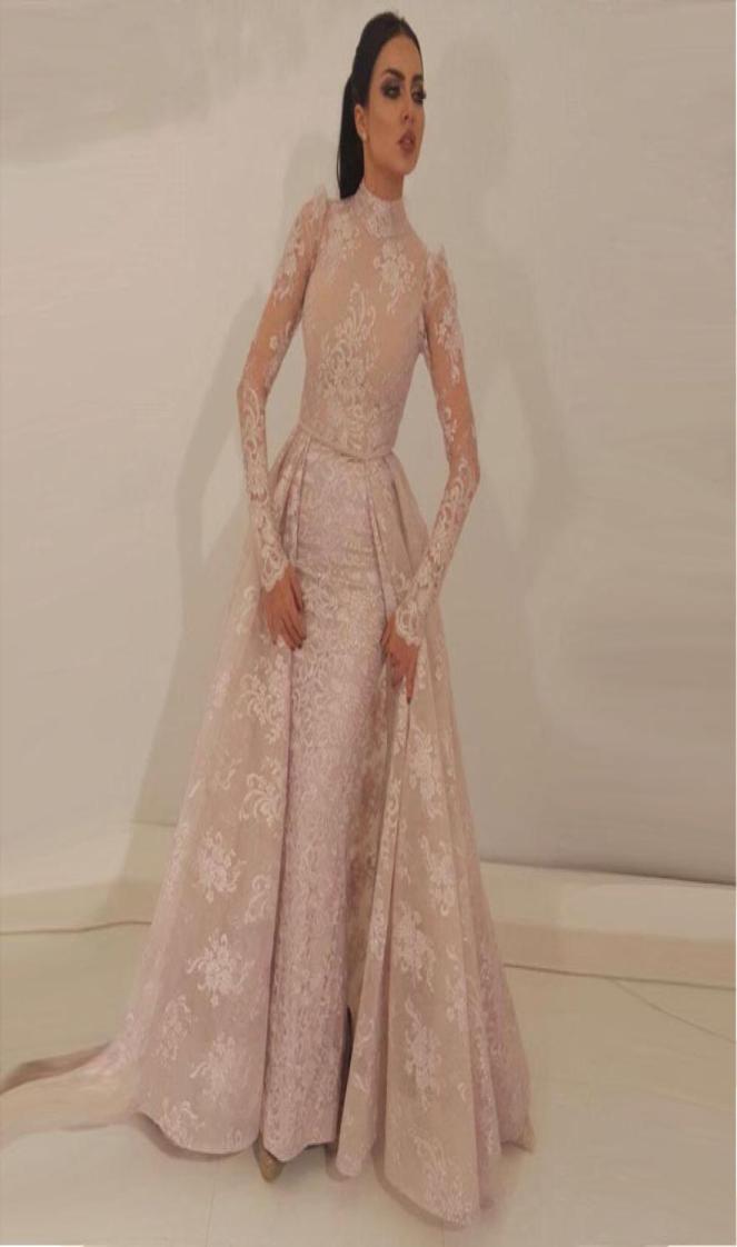 

2020 High Neck Mermaid Prom Dresses Detachable Train Blush Pink Full Lace Appliqued Illusion Bodice Long Sleeves Formal Evening Go7618456, Brown