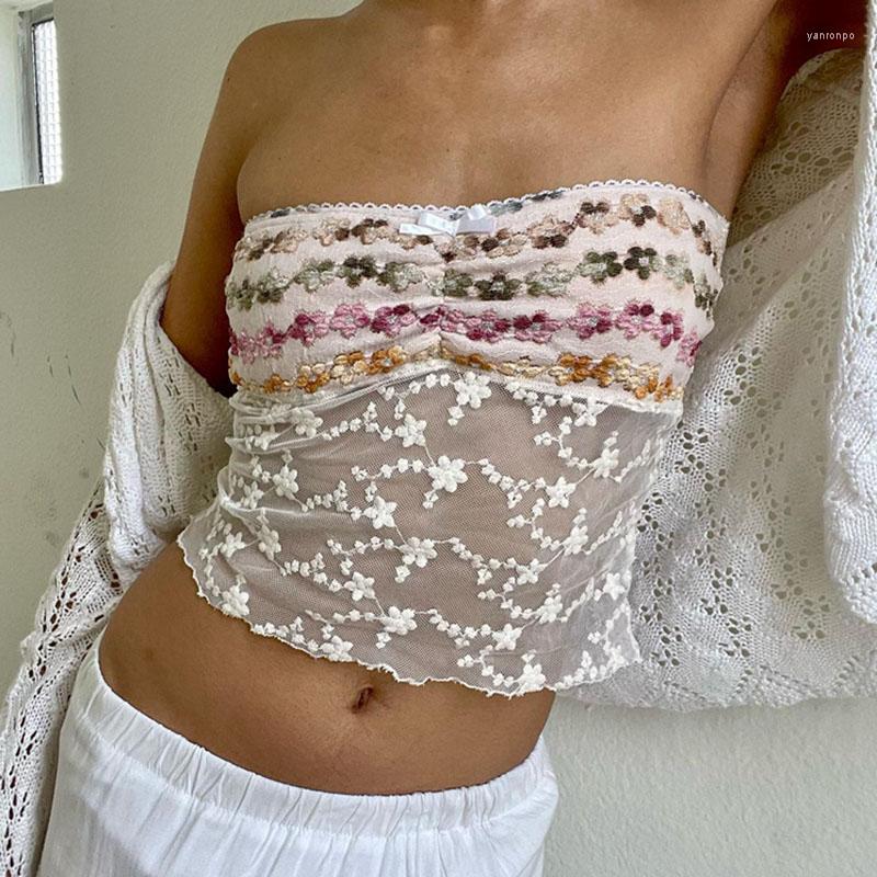 

Women' Tanks 2000s Retro Sweet Girl Backless Tube Tops Y2K Fairycore Floral Mesh Sheer Crop Vintage Cute Bow Strapless Camis Clothes