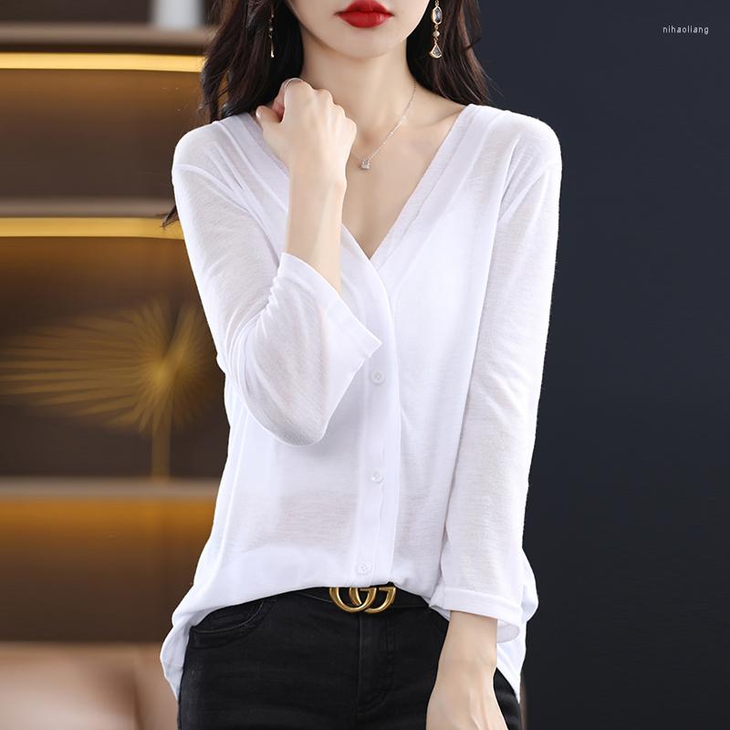 

Women's Knits Spring And Summer Thin Worsted Solid Color Casual Comfortable Versatile Long Sleeved V-neck Knitted Cardigan For Women's, Black