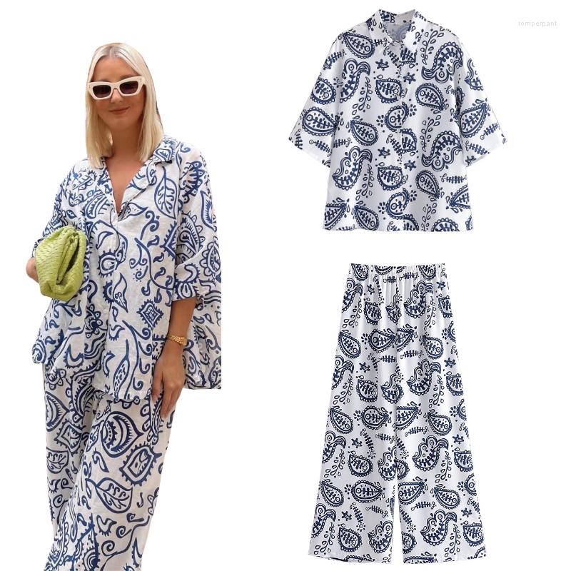 

Women' Two Piece Pants 2023 Style Women Vintage Cashew Nuts Leaves Print Casual Wide Leg Female Chic Elastic Waist Trousers, Za-1