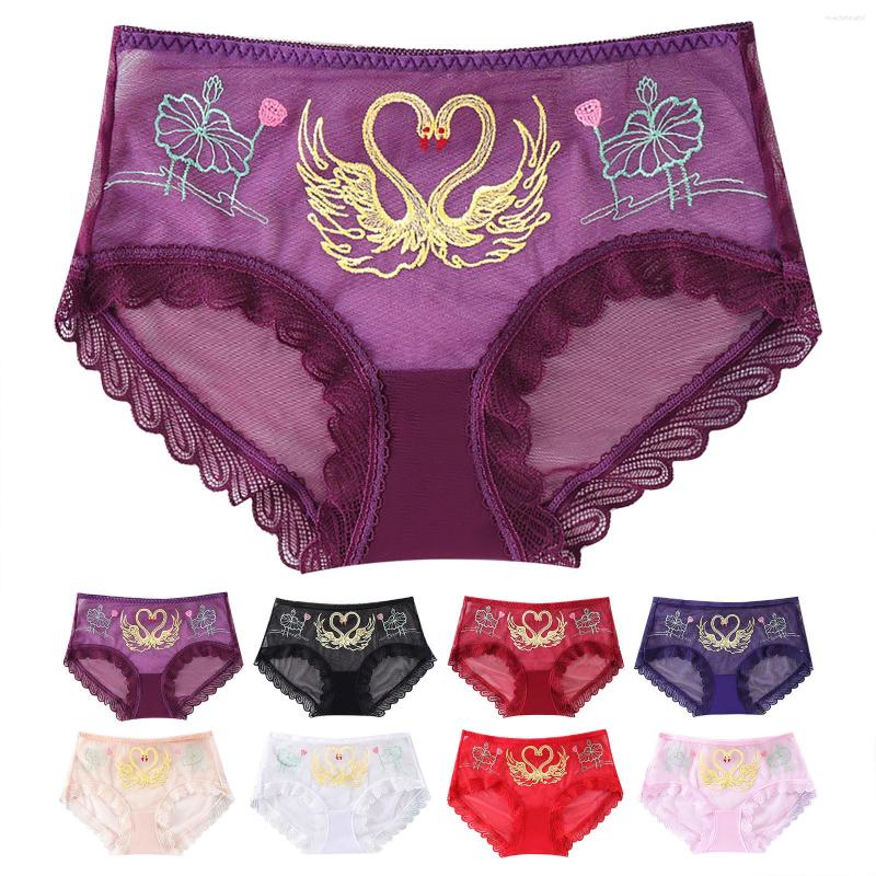 

Women's Panties Floral Print Women'S Briefs Sexy Lace Hem Embroidery Underpants Comfort Mid-Rise Waist Underwear For Females Calcinhas, Red