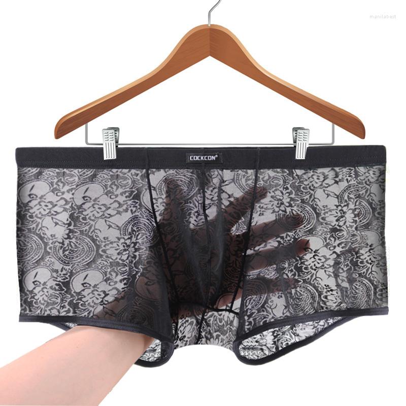 

Underpants Male Men U Convex Soft Ice Silky Boxer Sexy Men's Sheer Underwear Boxers Gay Transparent Shorts Lace Panties, Black