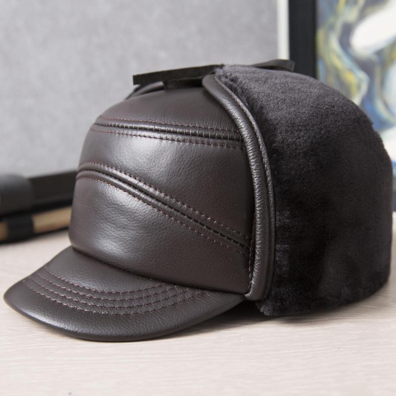 

Berets X175 Adult Genuine Leather Hat Sheep Skin Bomber Ear Protection Winter Flat Top Military, Black