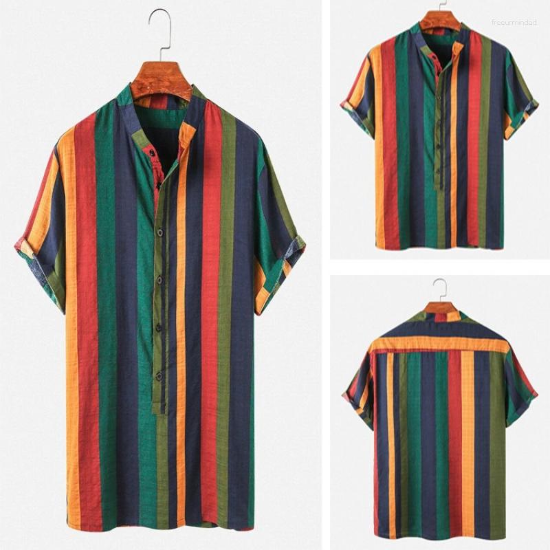 

Men' Casual Shirts Men' Fashion Standing Collar Rainbow Color Striped Short-sleeved Shirt, Green