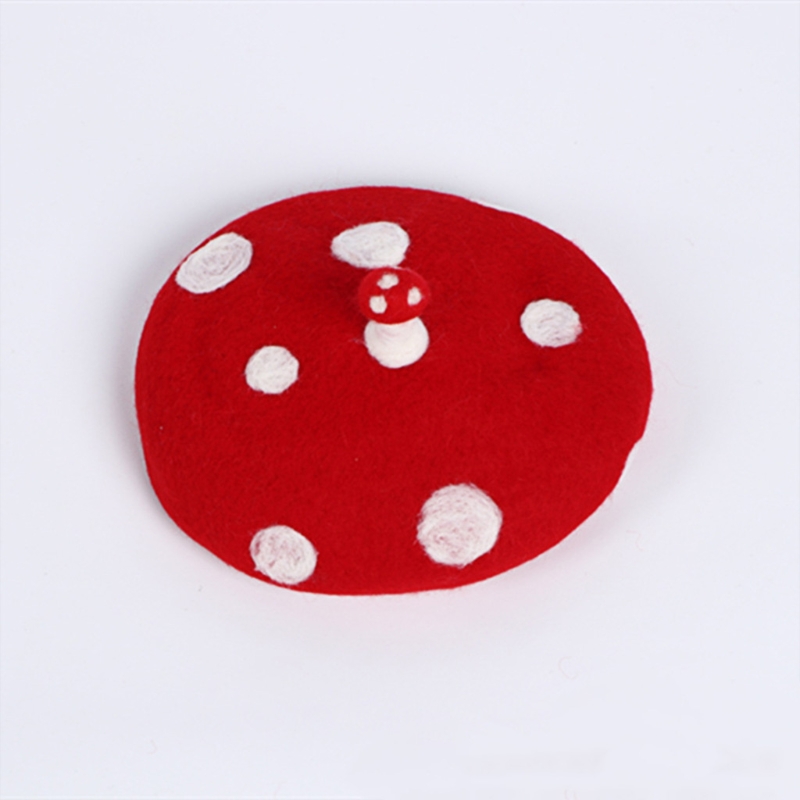 

Women Kids Novelty Cute Small Mushroom Red Beret Handmade Faux Felt Wool White Point Vintage Painter Beanie Hat