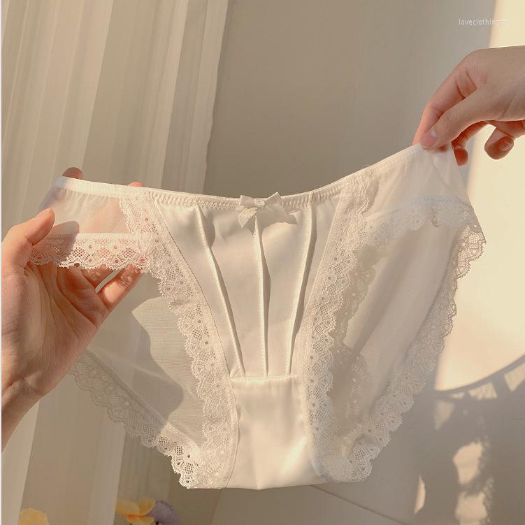 

Women's Panties Vintage Satin Soild Color Breathable Underwear Women French Sexy Lace Bow Lingerie Female Mid-waist Thin Mesh Briefs, Black