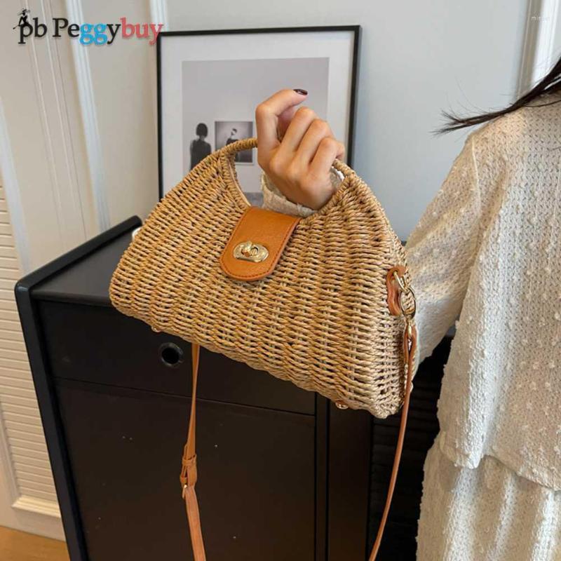 

Shoulder Bags Simple Solid Color Handbag Women Hand-woven Straw Bag Summer Shell Top-Handle Beach Casual Handmade Woven, Beige