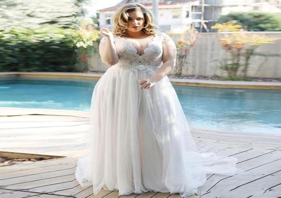 

Sexy V Neck Plus Size Wedding Dresses Lace Capped Sleeves Vestidos De Novia A Line Tulle Wedding Bride Formal Gowns9370731, Ivory