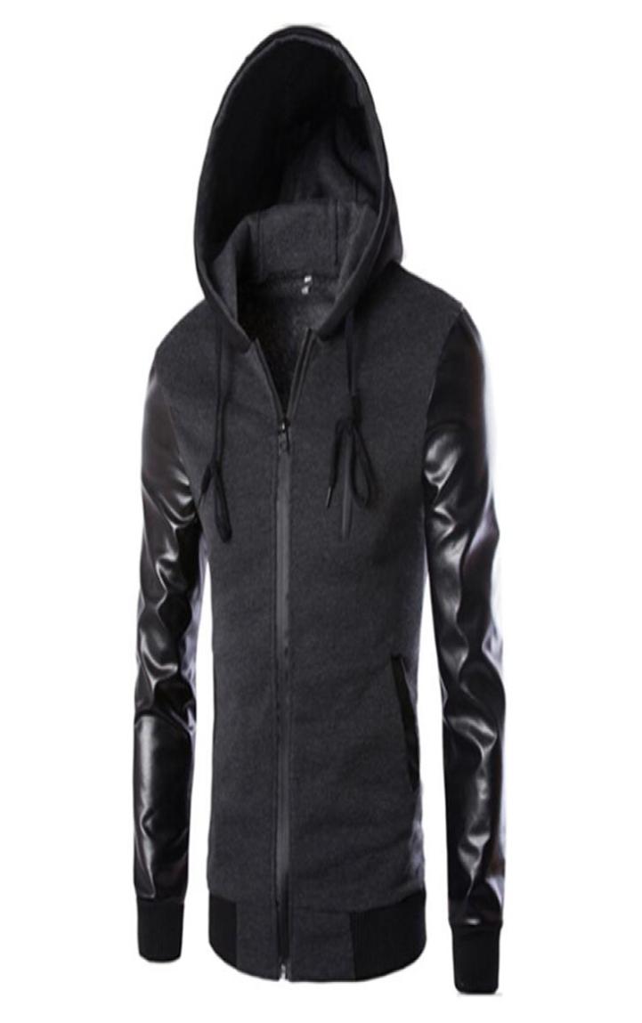 

Spring Autumn Sport Jacket Men Hooded Running Jacket And Coat PU Leather Sleeve Slim Outerwear Coat Men Zipper Sportswear9343264, White