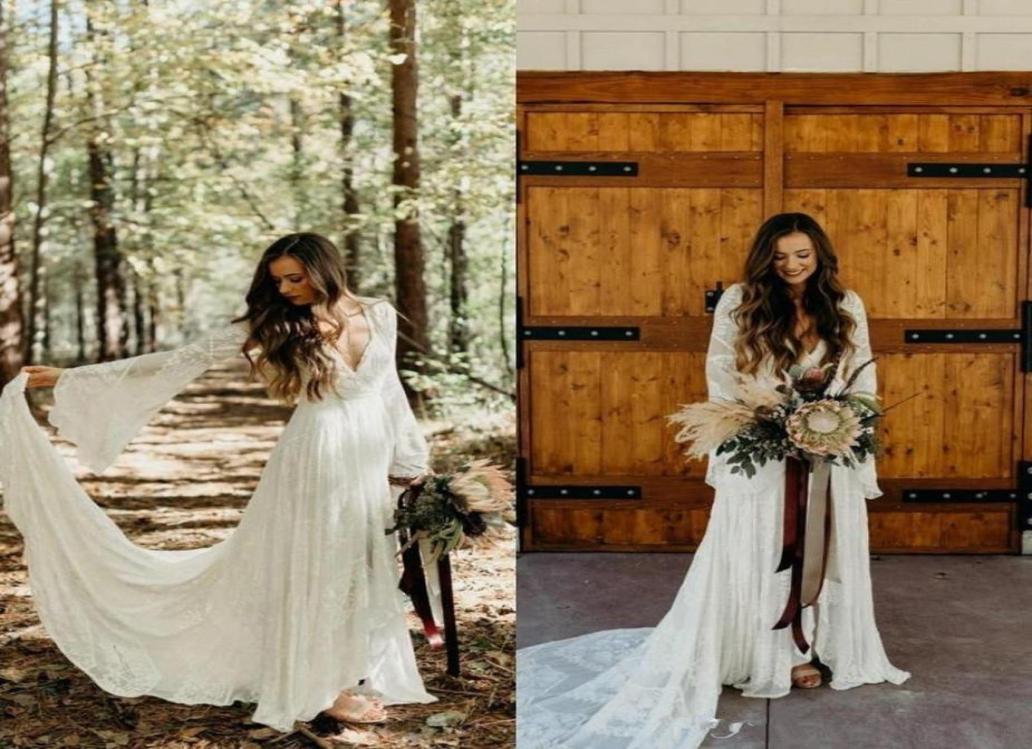 

2020 New Country Style Boho Lace Wedding Dresses With Long Sleeves V Neck A Line Beach Wedding Gowns Bohemian Plus Size Bridal Dre5857546, Brown
