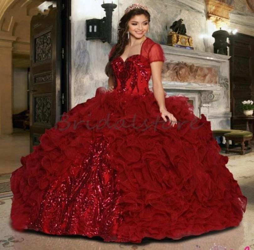 

Luxury Burgundy Quinceanera Dresses with Bolero Bling Sequins Applique Sweet 16 Dress Ruffles Skirt Prom Gowns Vestidos 15 anos Pr5934662, Green