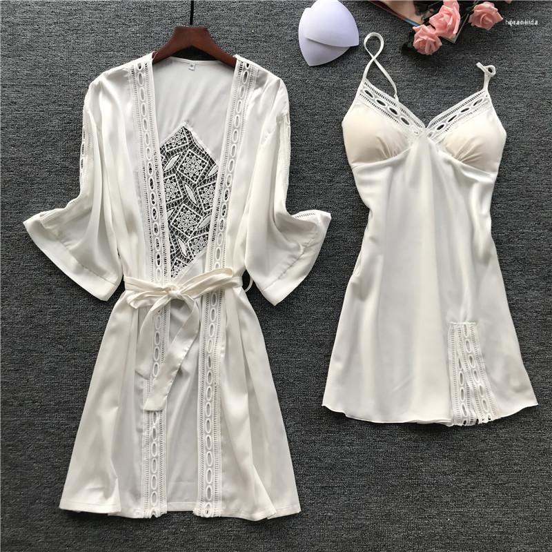 

Women's Sleepwear Women's Women Sexy Robe Set Rayon Kimono Bathrobe Bride Bridesmaid Wedding Gown Female Fashion Hollow Out Night Dress, White