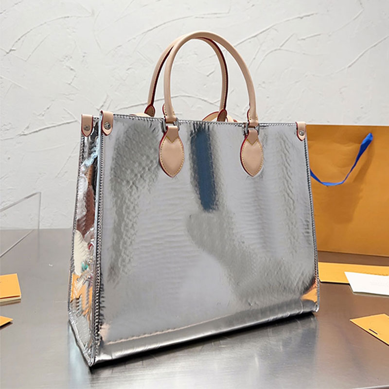 

Large Shopping Bag Silver Laser Genuine Leather Tote Bags Embossed Letter Handbag Purse Fashion Travel Duffle Shinny Sing Shoulder Handbags