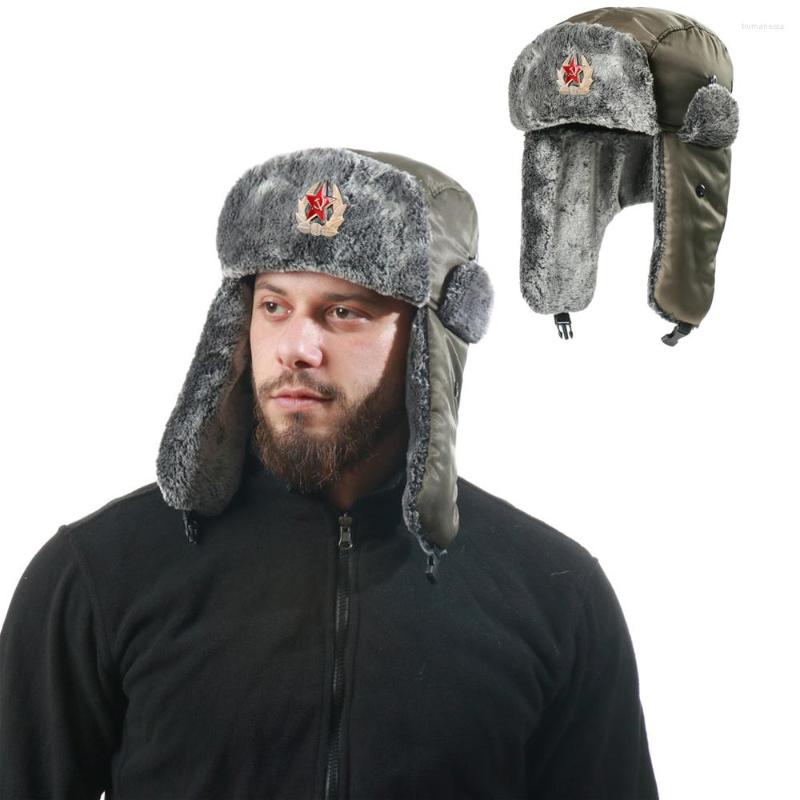 

Berets Winter Warm Bomber Hats Soviet Badge Russian Ushanka Hat With Ear Flap Outdoor Windpoof Ski Caps Thick Faux Fur, Army green