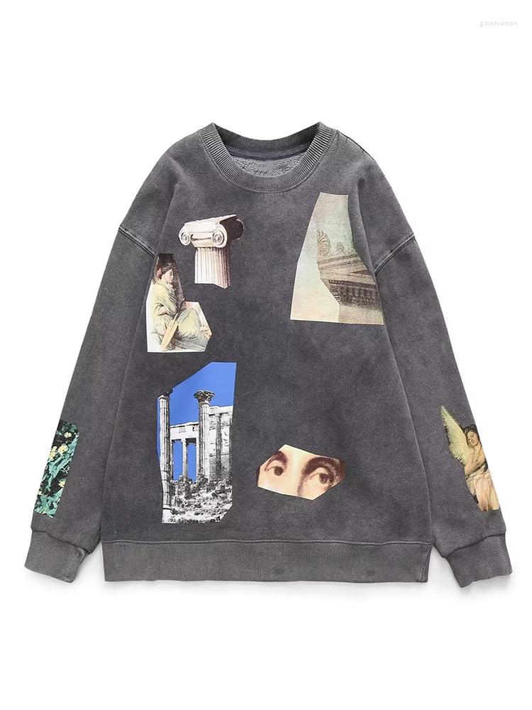 

Women' Hoodies 2023 Women Vintage Gray Print Casual Sweatshirt O Neck Long Sleeve Ladies Loose Pullovers Sudaderas Tops