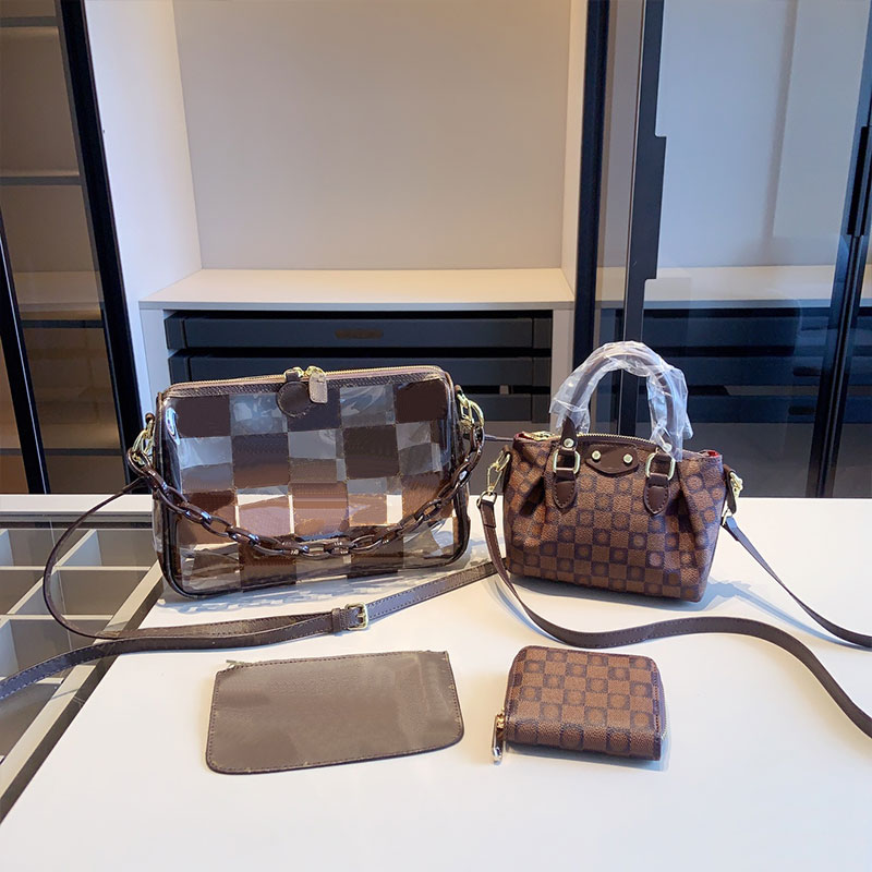 

Four In One Jelly Pack Women Shoulder Bags Mini Pillow Bag Fashionable Old Flower Letters Two Zipper Wallet Chains Shoulder Strap Transparent Jelly Bag