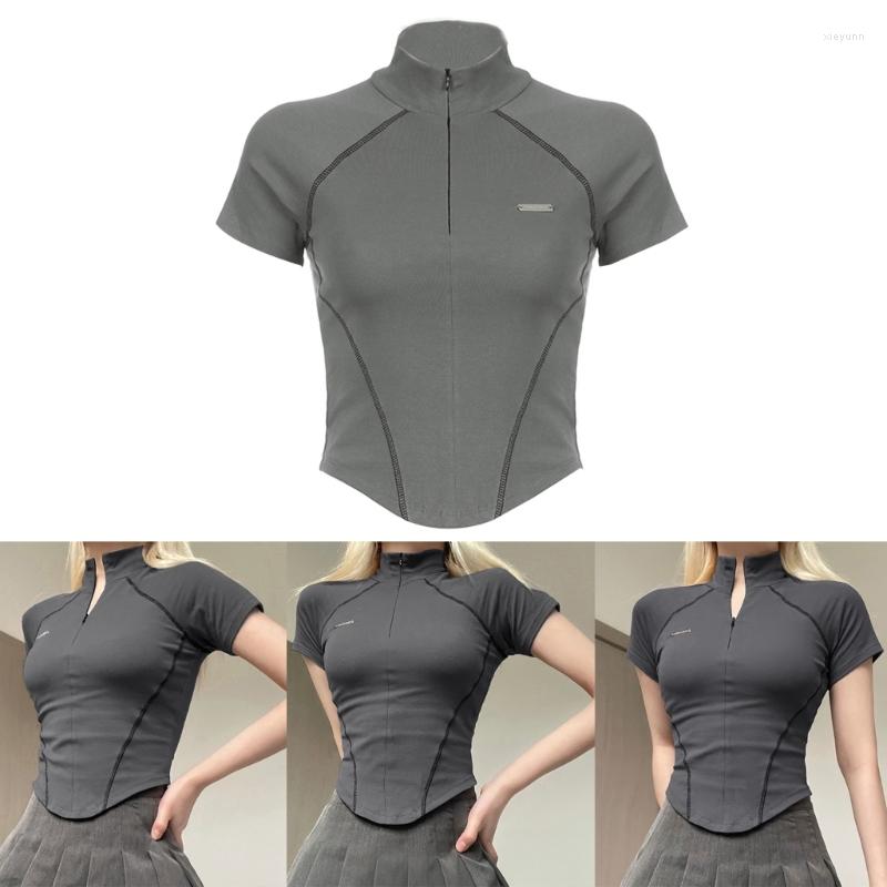 

Women's T Shirts Fashionable Summer Top T-shirt With Invisible Zipper Short Sleeve Skinny Casual Streetwear Irregular Hem, Gray
