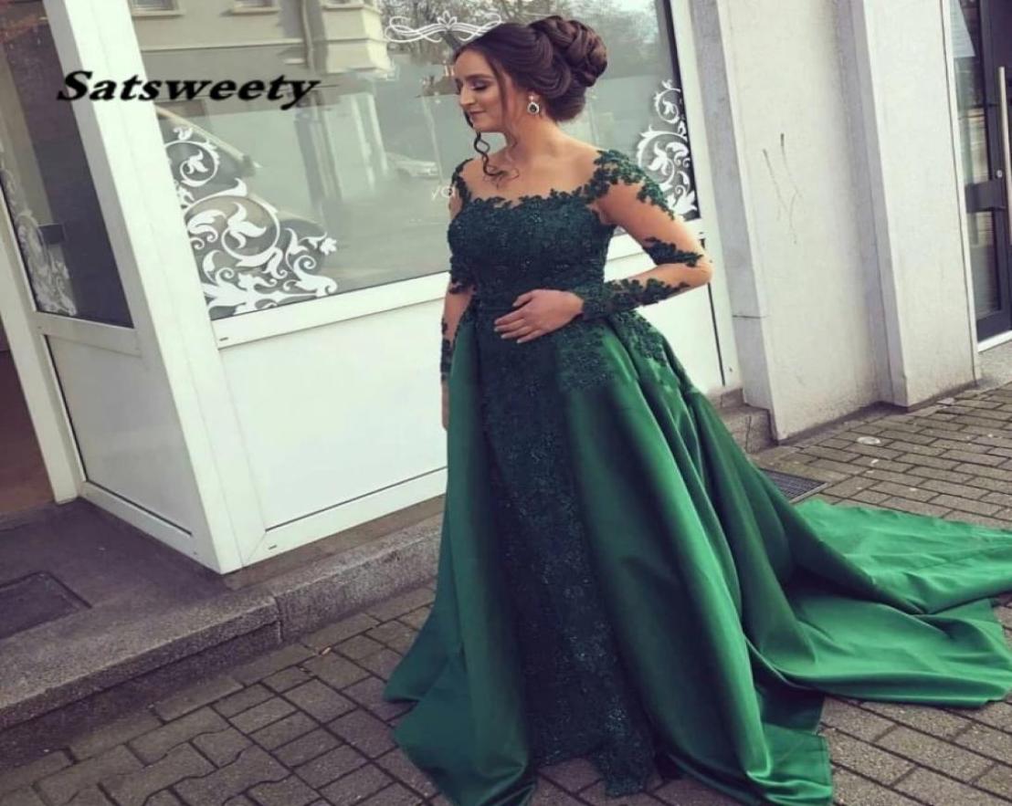 

Emerald Green Evening Dress Lace Long Sleeves Prom Gown Chiffon Appliques Women Party Dresses Mother of Bride Vestidos De Fiesta4618498, Dark green