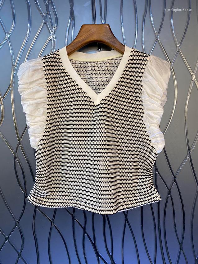 

Women' T Shirts 2023 Women' Fashion V-neck Splicing Pleated Flying Sleeves Short Shirt Top 0611