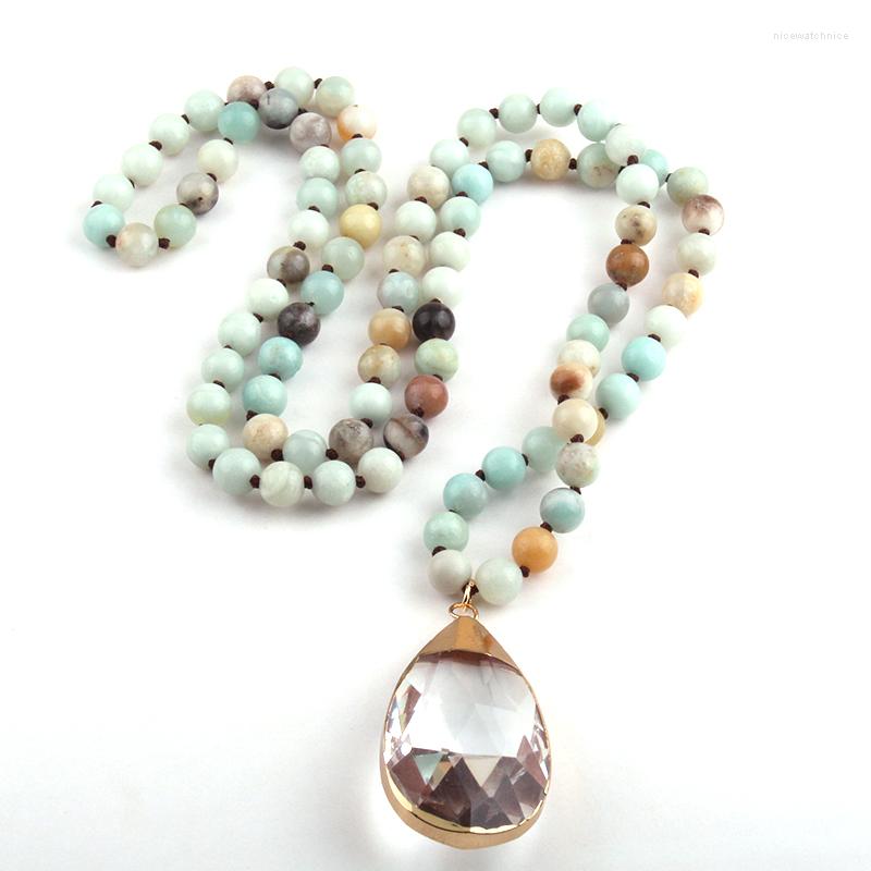 

Pendant Necklaces Fashion Bohemian Tribal Jewelry Natural Amazonite Stones Knotted White Glass Drop Necklace