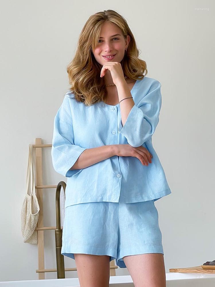 

Women' Sleepwear Blue Pajamas For Women 3 Piece Sets Three Quarter Sleeve Female Spaghetti Strap Tops Casual Suits With Shorts