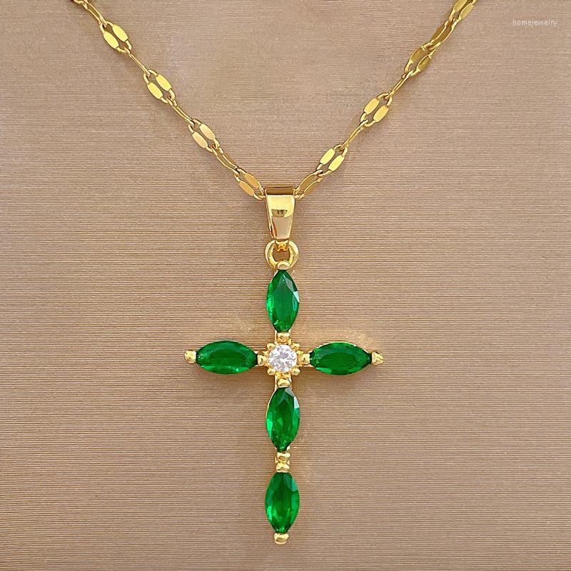 

Pendant Necklaces Green Cross Necklace With Stone Jewelry Luxury Crystal Zircon Christian For Woman Accessories Gift
