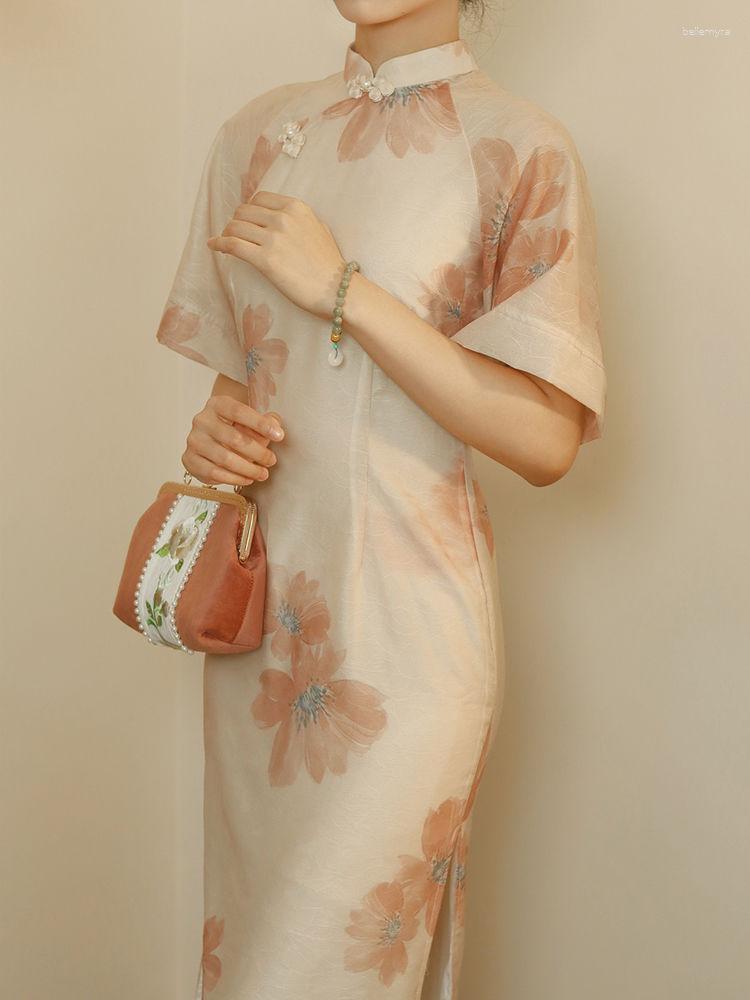 

Ethnic Clothing Summer Chinese Style Cheongsam Floral Vintage Girls Elegant Improved Qipao Raglan Sleeve Mid Length S To XXL