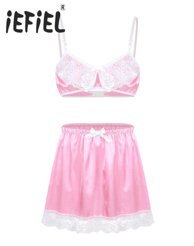 

Sexy Mens Smooth Satin Lace Sissy Lingerie Set Adjustable Spaghetti Shoulder Straps Bra Top with Elastic Waistband Short Skirt LY14784015, Blue