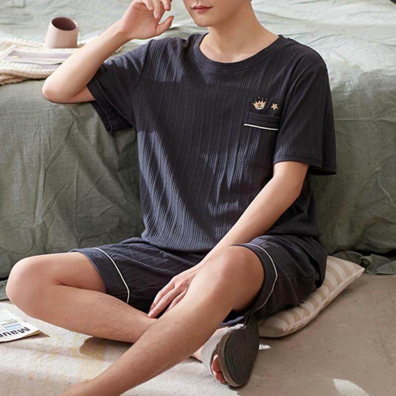 

Men's Sleepwear 2 Pcs/Set Solid Color Men Summer Pajamas Set Letter Print Striped Texture Night Clothes Loose O-neck Short Sleeves, Grey
