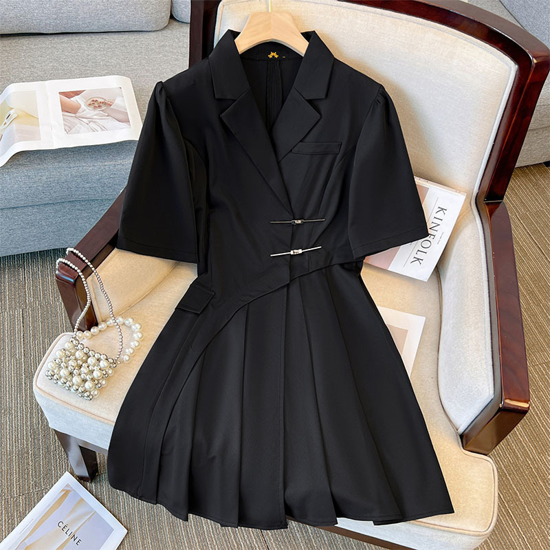 

Plus size Dresses Size 150Kg Women's Bust 147 Summer Loose Notched Short Sleeved Suit Pleated Dress Black Large  5XL 6XL 7XL 8XL 9XL 230627