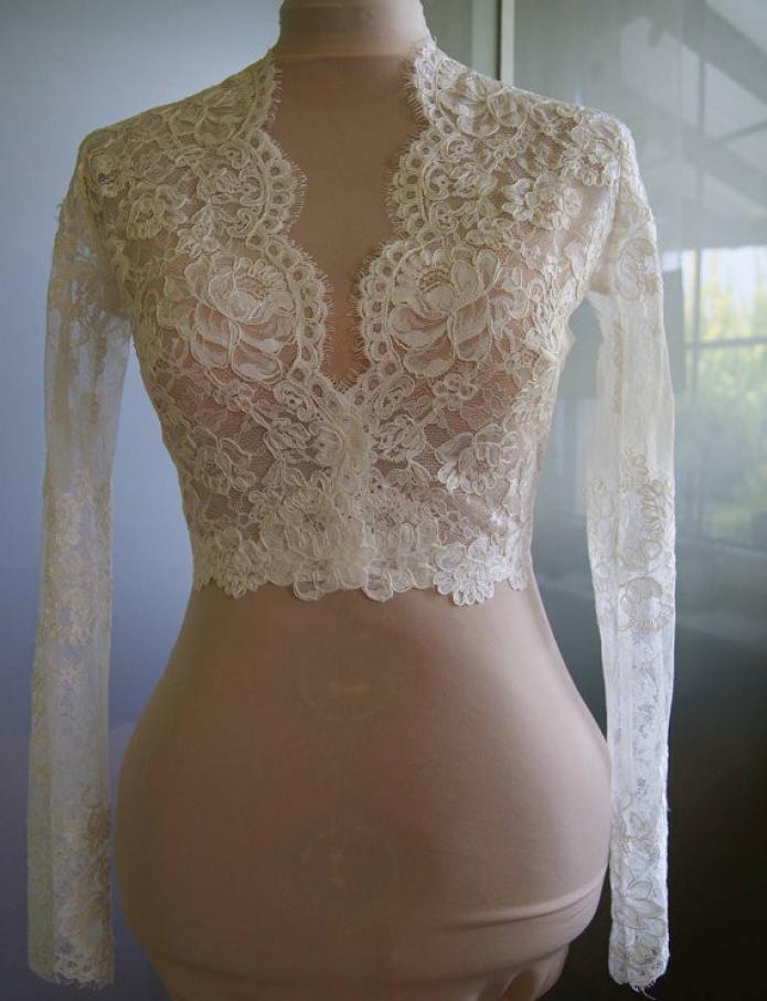 

Fashion White Ivory Custom Bridal Wedding Wraps Jacket Cheap Designer Lace Long Sleeves V neck Style Romantic Wedding Bolero 5071362