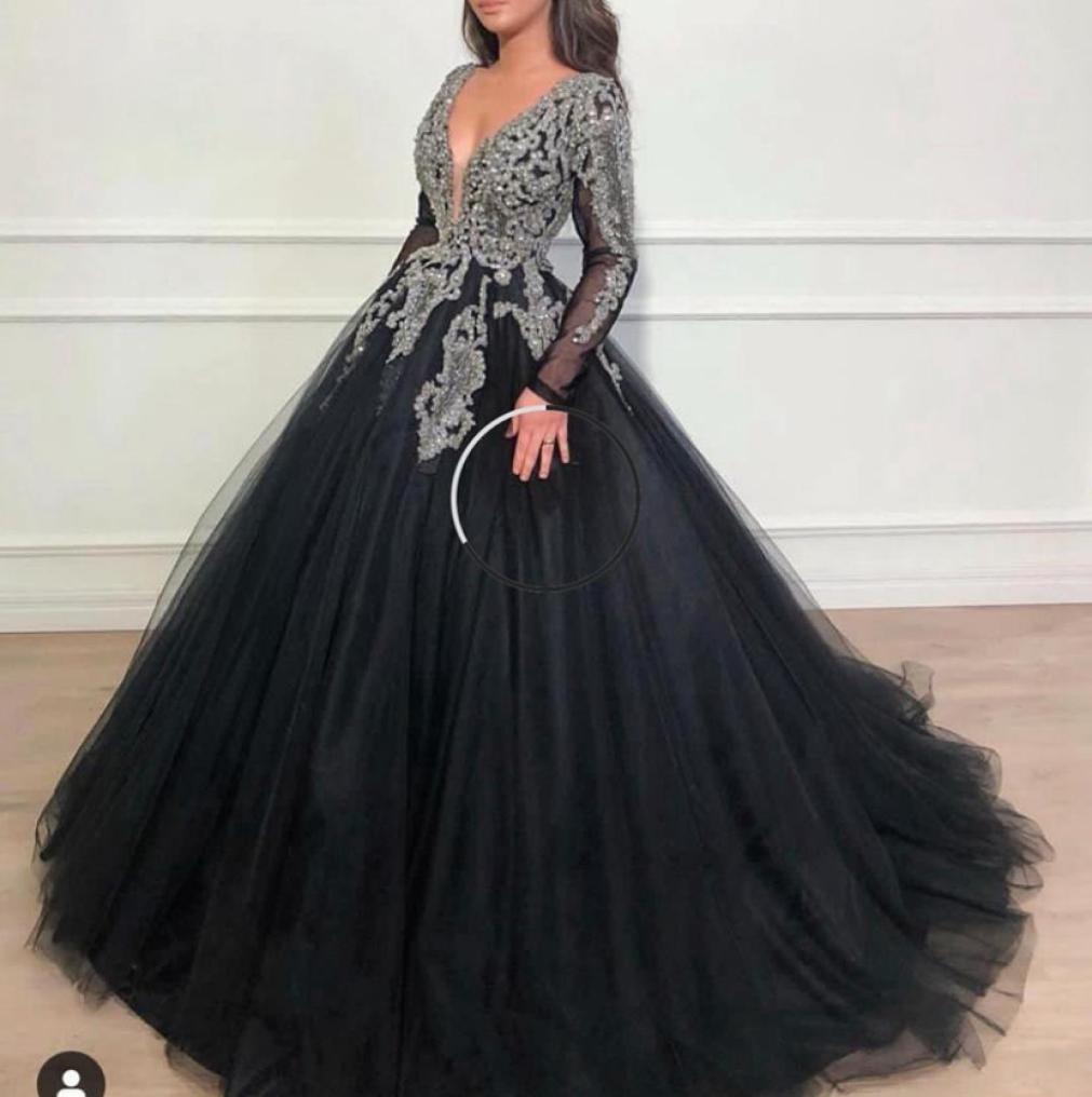 

New Arrival Sexy V Neck Black Muslim Prom Dresses 2020 Full Sleeve Hand Beading Sequin Crystal Ball Gown Tulle Evening Gowns Dubai6513775, Silver
