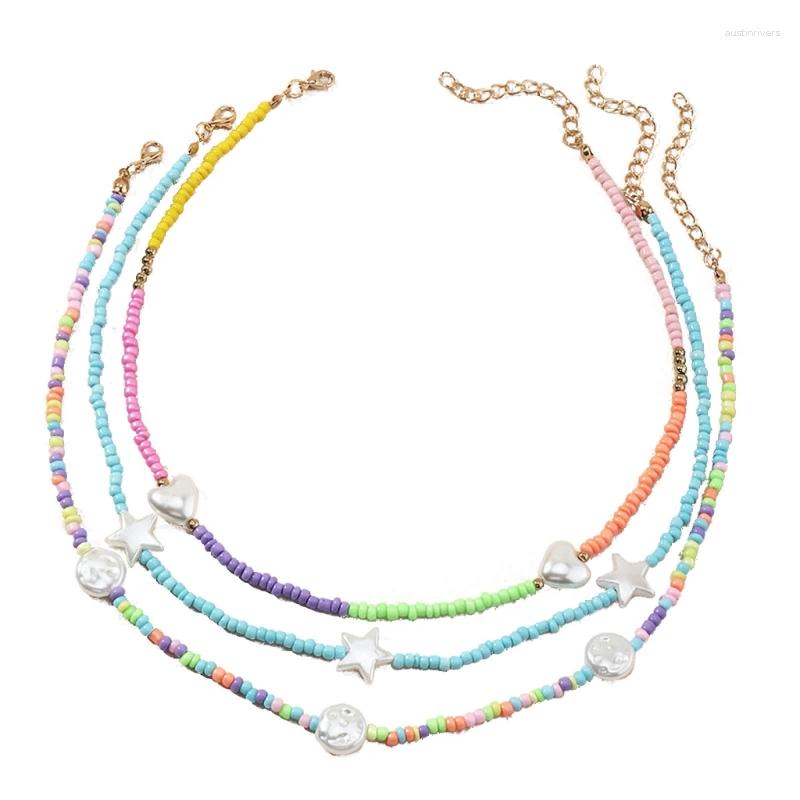 

Chains Handmade Rice Bead Necklace Kids Choker Colorful Beaded Fashion Jewelry Elegant Clavicle Chain 3pcs