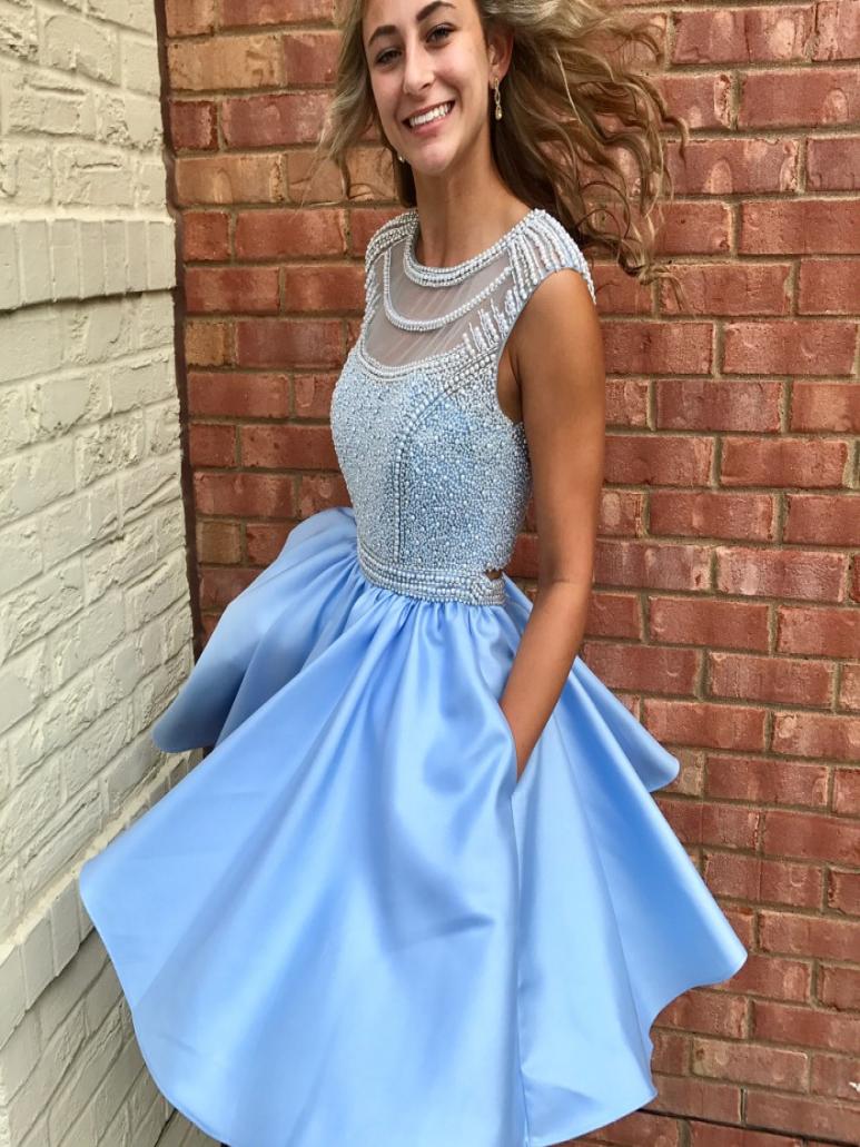 

Light Sky Blue Satin Pearls Homecoming Dresses Sheer Neck Cap Sleeves Backless Short Prom Dresses Newest Party Dresses6592220, Light yellow