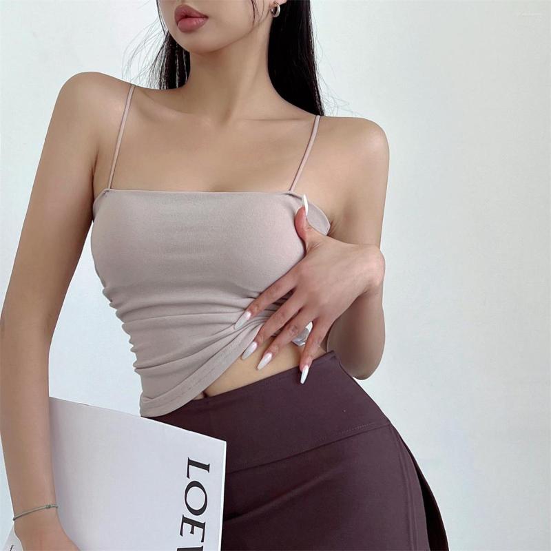 

Women' Tanks Thin Girl WOMENGAGA Spicy Shoulder Strap Slim Solid Color Chest Cushion Elastic Tank Bralette Crop Top For Women Workout X8MS, Black