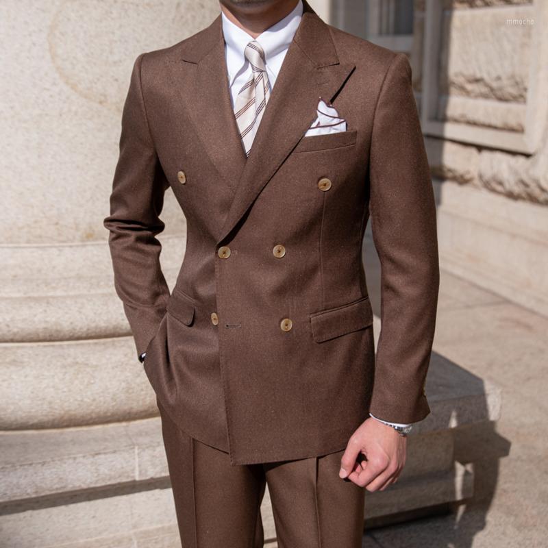 

Men's Suits Double Breasted Formal Casual Dress 2 Pieces Luxury Simple Business For Men Quality Solid Color Slim Costume Homme, Brown suit