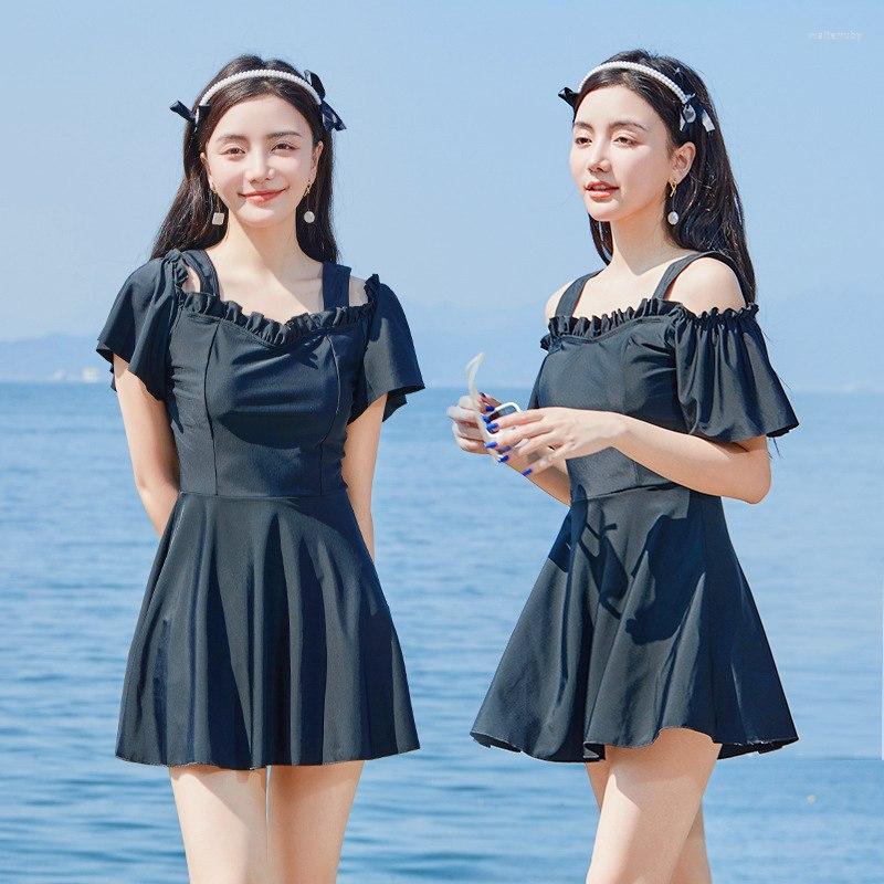 

Women's Swimwear 2023 Korea StlerSolid One Piece Swimsuit Women Sexy Backless Folded Skirt Fashion Monokini Push Up Pad Bikini Suit, Black