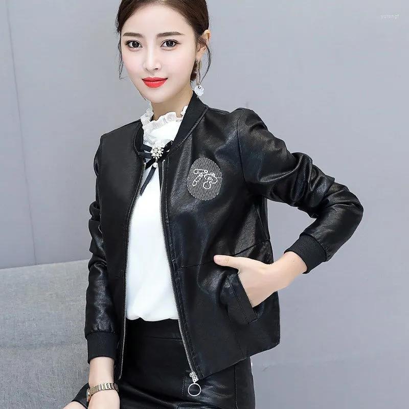 

Women' Leather Short Jacket PU Jackets Coat Cool Bomber Embroidery Baseball Uniform Tops Zipper Pocket, Black