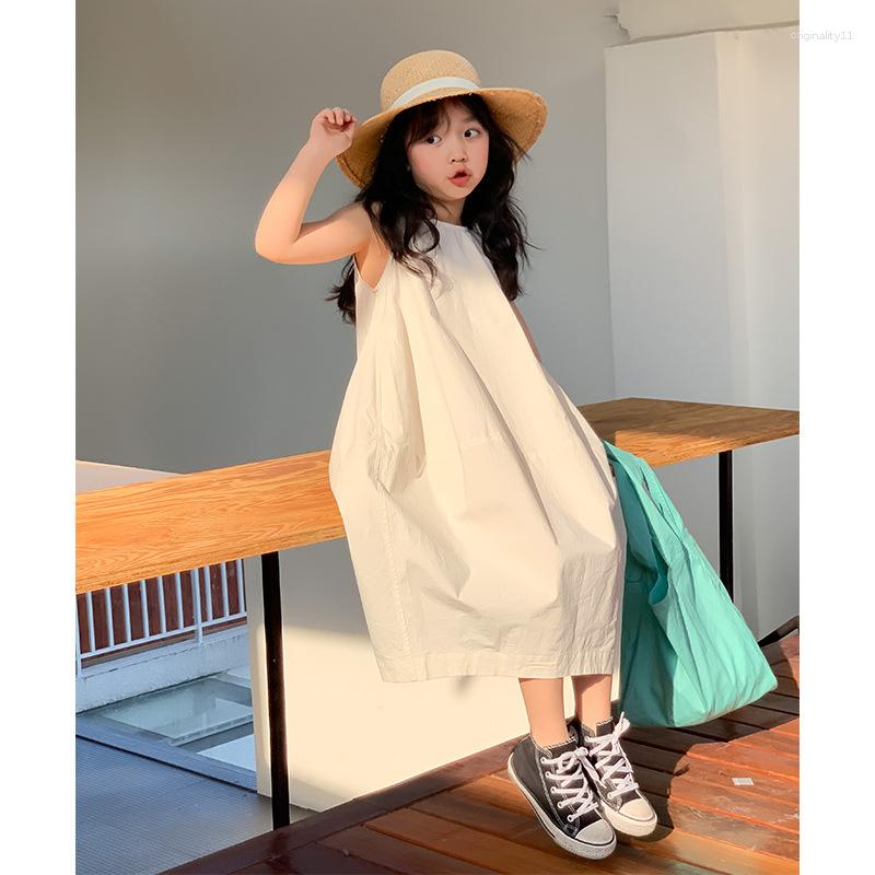 

Girl Dresses A-line Mid-calf Length Sleeveless Pullover 2023 Summer Cotton Solid Soft Fashion Casual Comfortable Korean Girls, White