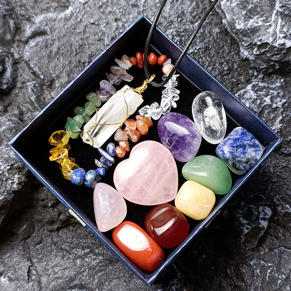 with Gift Box Natural Healing Crystal Stone Chakras Bracelet Quartz Mineral Ornaments Crafts Hexagon Pendant Necklaces Jewelry Sets