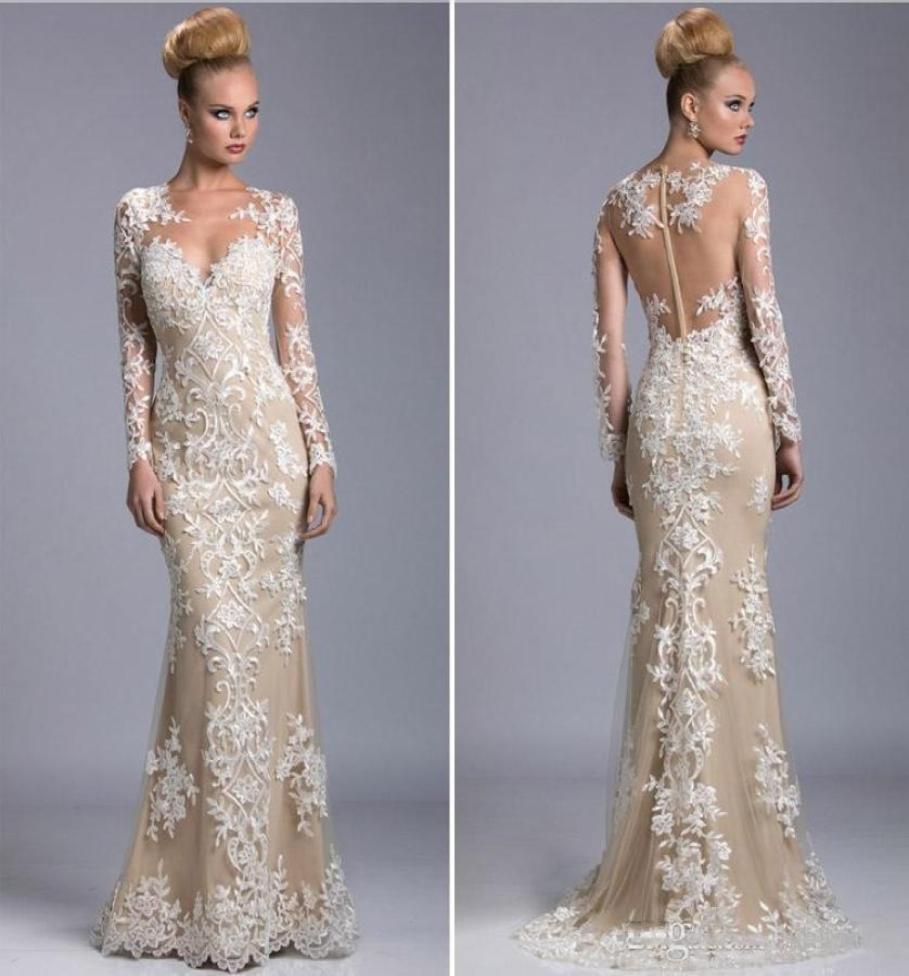 

Elegant Mermaid Champagne Mother Of The Bride Dresses Long Sleeves Lace Appliqued Formal Evening Gowns Floor Length Wedding Guest 2431155