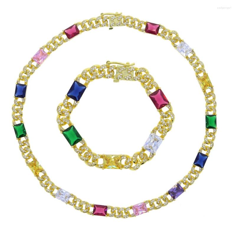 

Necklace Earrings Set Summer Fashion Rainbow Jewelry Gold Color Micro Pave CZ Cuban Link Chain Colorful Choker Bracelet, Picture shown