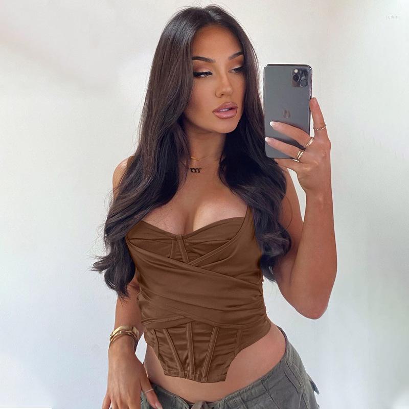 

Women' Tanks USA Style 2023 Spring Solid Color Slim Fitting V-neck Patchwork Waist Top Fashion Sexy Vest, Brown