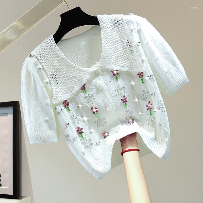 

Women' T Shirts High Waist Short Knit T-shirt 2023 Summer Solid Color Hollowed Out Leisure Knitwear Sleeve Knitted Tops Tee Girls T-shirts, Blue