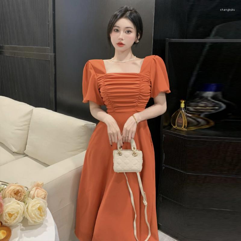 

Casual Dresses Summer Midi Aesthetic Sexy French Vintage Women Romantic Square Collar High Street Blue Elegant Party Female Y2K Dress, Orange