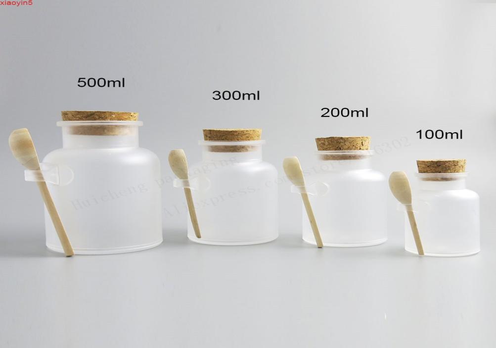 

100 x Empty 100g 200g 300g 500g ABS Plastic bath salt Bottle 200ml powder plastic bottle with cork jar wood spoongood product7957847