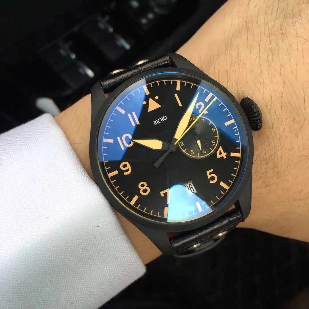 

Men's Mechanical Watch Pilot Series Onion Handle 46mm Large Diameter 3 O'clock Position Power Display Leather Strap 316 Stainless Steel